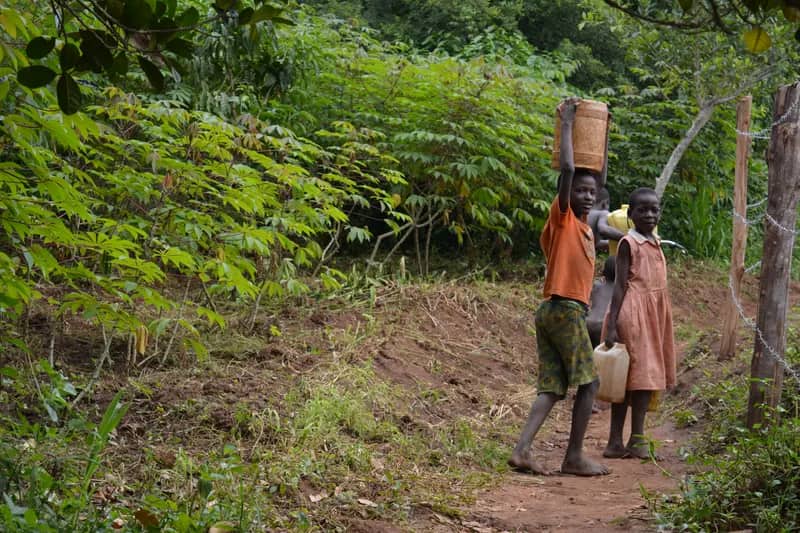 Kinder tragen Kanister in Kajjansi, Uganda - Freiwilligenarbeit
